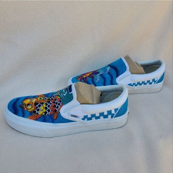 Hand Crafted Slip On Classic Vans with a Koi Fish and a Lotus Flower - Picture 7 of 11